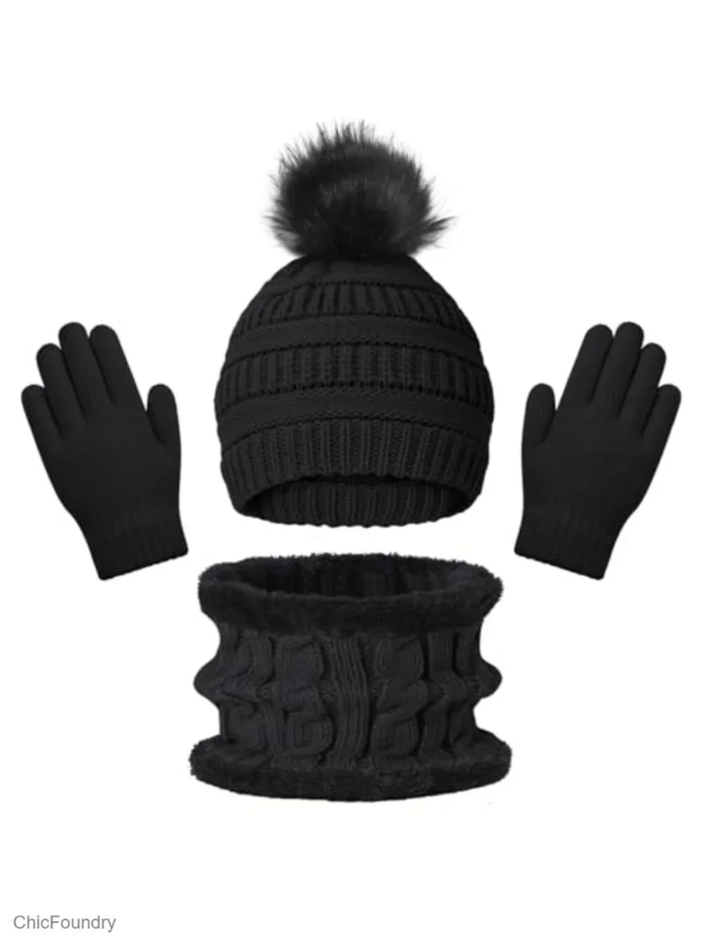 Kids Winter Beanie Hat Scarf Gloves Set Thick Warm Knitted Fleece Lined